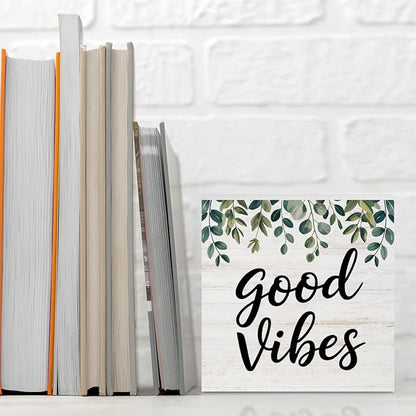 Botanical Eucalyptus Leaves Wood Box Sign Desk Decor, Good Vibes Rustic Eucalyptus Desk Decorative Signs for Home Office Table Shelf Cubicle Mental Health Wooden Block Box Sign