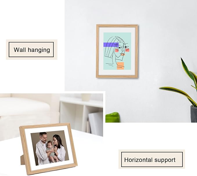 puthiac 8x10 Solid Oak Wood Picture Frame, Fits 6x8 with Mat or 8x10 Without Mat, Wall or Tabletop Display with Stand, Vertical or Horizontal, Plexi Front, 1 Pack, Natural Oak