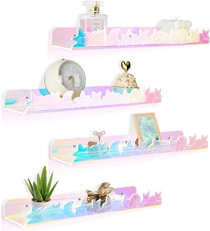 Floating Shelves for Wall,4 Pack 15.7’’x 3.5’’Adhesive Acrylic Shelves Organizer for Book Toy Photo Makeup,Wall-Mounted Kids Storage for Bathroom,Bedroom,Nursery,Iridescent Star and Moon