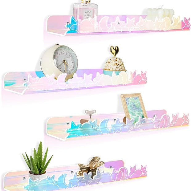 Floating Shelves for Wall,4 Pack 15.7’’x 3.5’’Adhesive Acrylic Shelves Organizer for Book Toy Photo Makeup,Wall-Mounted Kids Storage for Bathroom,Bedroom,Nursery,Iridescent Star and Moon