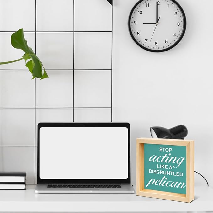 Inspirational Office Desk Decor - Gift for Coworker - Stop Acting Like a Disgruntled Pelican Greek Quote Wood Box Sign for Farmhouse Home Office Desk Shelf Decor（Double-sided）