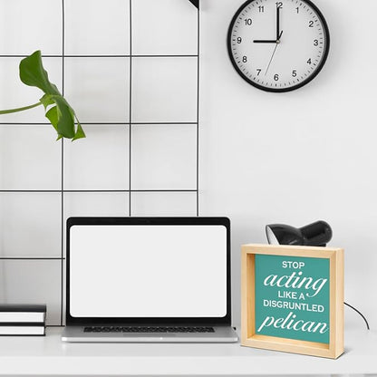 Inspirational Office Desk Decor - Gift for Coworker - Stop Acting Like a Disgruntled Pelican Greek Quote Wood Box Sign for Farmhouse Home Office Desk Shelf Decor（Double-sided）