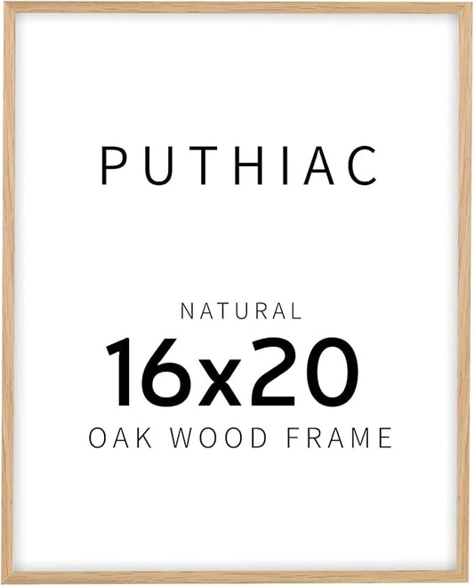 puthiac 16x20 Solid Oak Wood Picture Frame, Fits 12x16 with Mat or 16x20 Without Mat, Wall Display Only, Vertical or Horizontal, Plexi Front, 1 Pack, Natural Oak