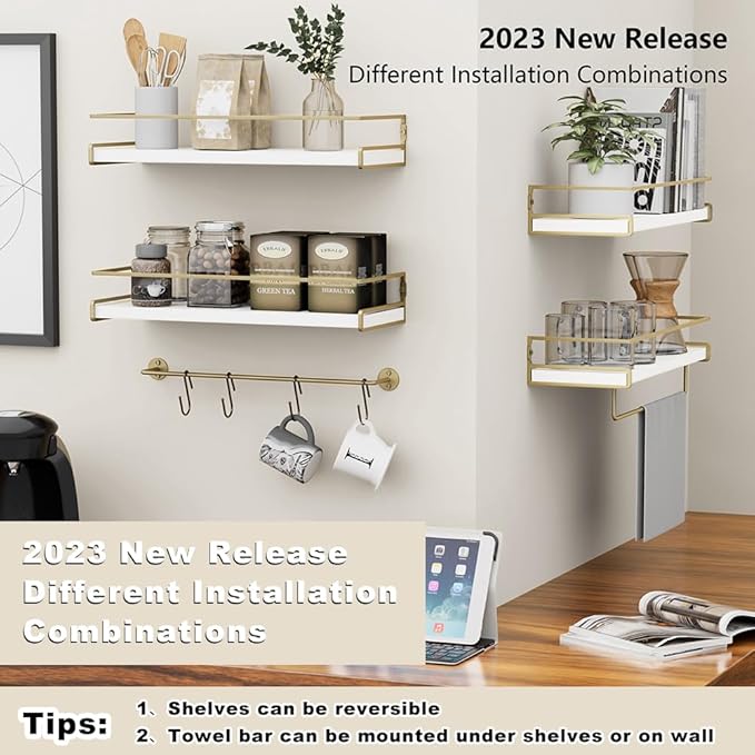 Wall Decor Floating Shelves, Home Decor with Towel Bar/Hooks, Wall Shelves for Bathroom/Living Room/Kitchen/Bedroom, (Gold-White) Floating Bathroom Shelves