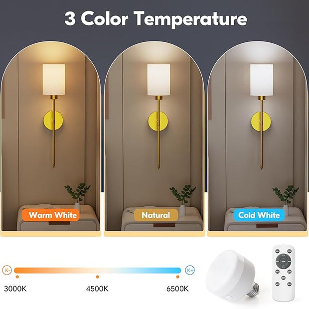 NIORSUN 24 inch Battery Operated Wall Sconce Set of 2, Gold Wireless Rechargeable Wall Lights with 5200mAh Dimmable Detachable Bulbs and Remote, 9 Colors Sconces Wall Decor for Bedroom Living Room