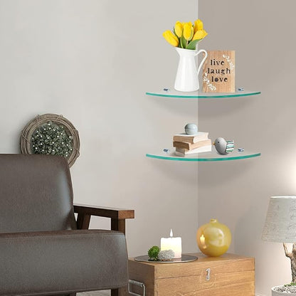 2 Pcs Tempered Glass Corner Shelf with 8 Brackets, 11.5" x 11.5" Floating Shower Caddy, Wall Mounted Shampoo Holder Organizer for Bathroom, Kitchen, Living Room