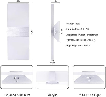 TRLIFE Dimmable LED Wall Sconces, 4 Color Temperature 12W Modern Wall Sconce Wall Mounted Light Set of 2 Dimmable Wall Lights for Bedroom Bedside Hallway Living Room Stairway(2 Pack, Silver)