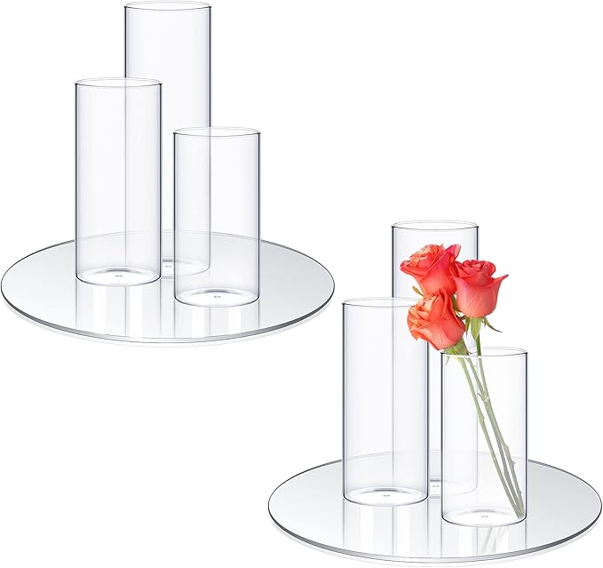 Sawysine 8 Pcs 2.6'' X 4.7'', 5.9'', 7.9'' Round Glass Mirror Trays Glass Cylinder Vase Wedding Table Flower Vase with Mirror Set Table Centerpiece Decoration for Wedding Decor Craft Baby Shower
