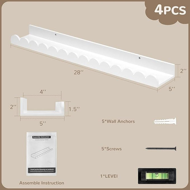 Fun Memories 28 Inch Scalloped Floating Shelf, White Picture Ledge for Wall, Set of 4, Nursery Book Shelves for Baby Room, Kids Rooms, Bedroom