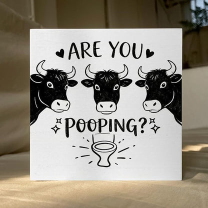 Funny Rustic Bathroom Wooden Box Sign 5x5 Inch - "ARE YOU POOPING" Humorous Restroom Quote Decor, Farmhouse Style Shelf Desk Table Decoration for Home Bathroom