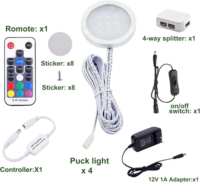 AIBOO RGB Color Changing LED Under Cabinet Lights Kit, Aluminum Slim Multi Color Puck Lights for Kitchen Counter Furniture Holiday Ambiance Christmas Decor Lighting (4 Lights)