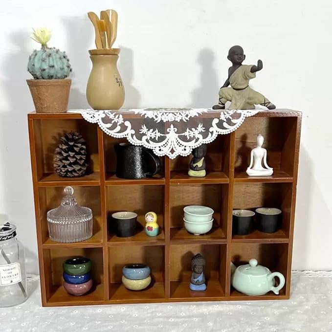 Shadow Box Display Shelf, Wall Mounted Wooden Hanging Display Shelf Floating Shelf Perfect for Little Figurines, Multi-Slot Wall Collection Freestanding Farmhouse Decor Display Case (Brown, 12 Slot)