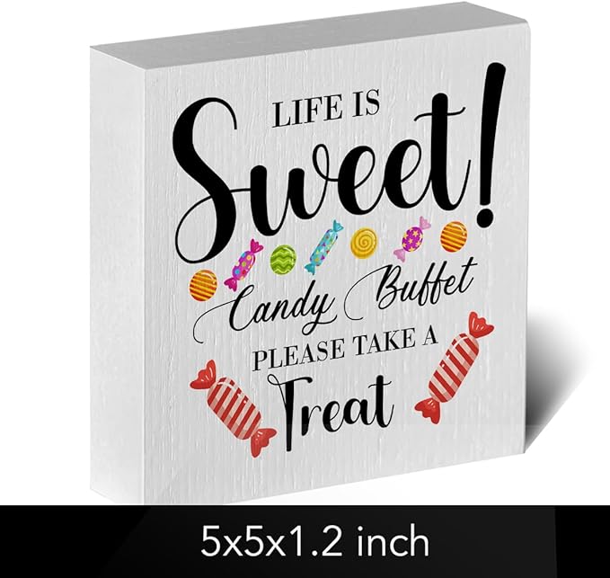 Candy Lover Artwork Wood Box Sign Rustic Farmhouse Style Life Is Sweet Candy Buffet Wood Block Plaque 5 X 5 Inches Home Desk Sign Decor for Presents