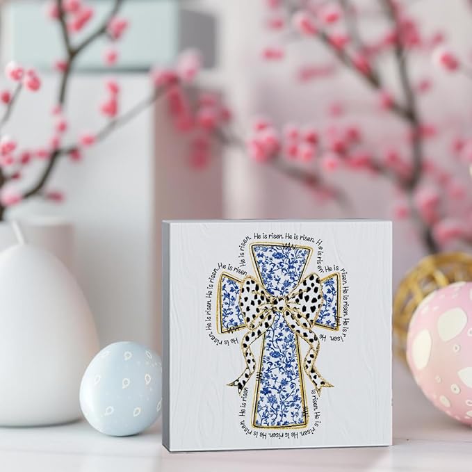 He Is Risen Sign Easter Religious Decorations Christian Easter Decor Blue And White Chinoiserie Decor Wooden Box Sign for Home Office Bedroom Living Room Desk Shelves