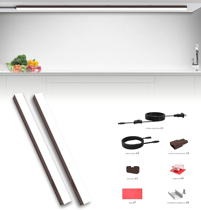 Under Cabinet Lighting Plug in, 24 Inch 2 Pcs, Linkable AC120V 3CCT 3000K/4000K/5000K Ultra Slim, LED Under Cabinet Lights for Counter Light, Kitchen, Shelf, Sink, Workshop, Desk, Bronze
