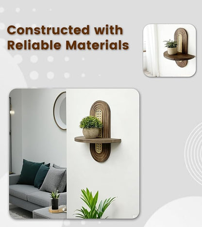 Wooden Arched Floating Shelf, Natural Wood Shelves, Boho Rattan Wall-Mounted Shelf for Bedroom, Living Room, Bathroom, Nursery and Home Office, Decorative Book and Plant Display
