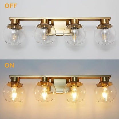 PAZALA Brushed Brass Bathroom Light Fixtures Over Mirror 4-Lights Vanity Light Wall Sconce with Globe Glass Shade, E26 Base, Perfect for Hallway Picture Wall Lighting Bathroom Bedroom Living Room