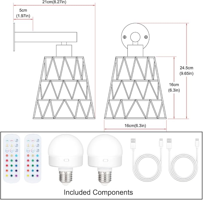 Battery Operated Wall Sconce Set of 2, Gold Battery Wall Sconces, USB Rechargeable Wall Lights with 2500mAh Dimmable Bulbs and Remote, RGB 15 Colors Wireless Wall Lamps for Bedroom Living Room Hallway