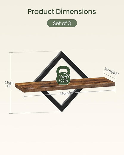 Floating Shelves for Wall, Set of 3 Wall Mounted Storage Shelves for Living Room, Bedroom, Kitchen, Bathroom, Rustic Brown TBJ03P3BF