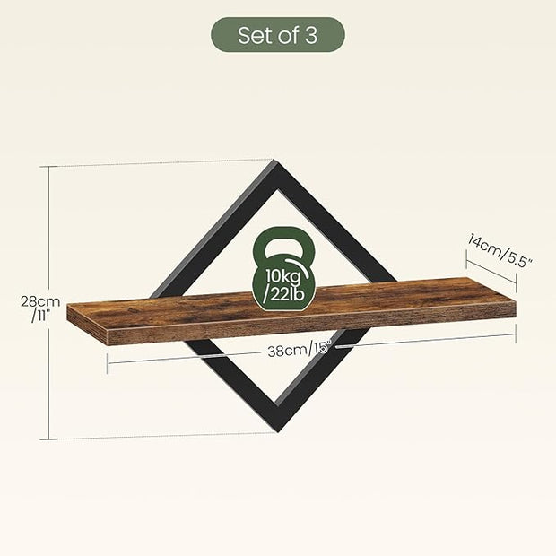 Floating Shelves for Wall, Set of 3 Wall Mounted Storage Shelves for Living Room, Bedroom, Kitchen, Bathroom, Rustic Brown TBJ03P3BF