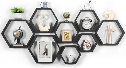 CADUKE Hexagon Shelves for Wall Hexagonal Floating Shelves Set of 8 Honeycomb Wood Shelves for Wall Decor, Hanging Plants Shelf for Living Room Storage Hexagon Racks for Bedroom, Black