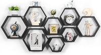 CADUKE Hexagon Shelves for Wall Hexagonal Floating Shelves Set of 8 Honeycomb Wood Shelves for Wall Decor, Hanging Plants Shelf for Living Room Storage Hexagon Racks for Bedroom, Black