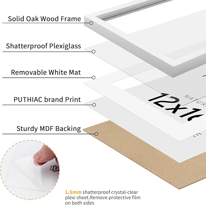 puthiac 12x16 Solid Oak Wood Picture Frame, Fits 8x12 with Mat or 12x16 Without Mat, Wall Display Only, Vertical or Horizontal, Plexi Front, 1 Pack, White