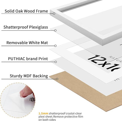 puthiac 12x16 Solid Oak Wood Picture Frame, Fits 8x12 with Mat or 12x16 Without Mat, Wall Display Only, Vertical or Horizontal, Plexi Front, 1 Pack, White