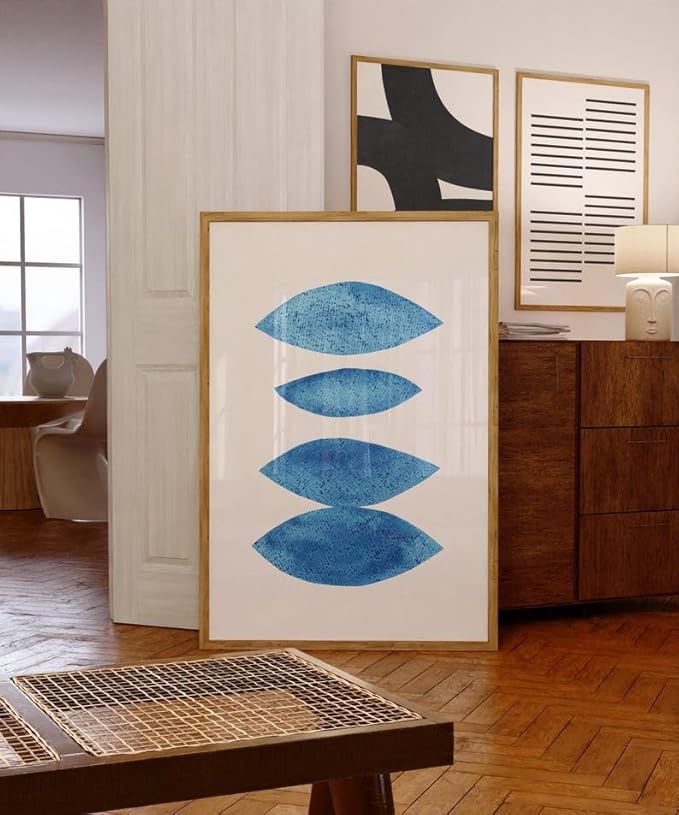 Nationcog Modern Blue Watercolor Organic Leaves Art Print, Minimalist Mid-Century Poster, Large Contemporary Wall Decor for Home, Abstract Handmade Gift Idea (Unframed) (9x11)