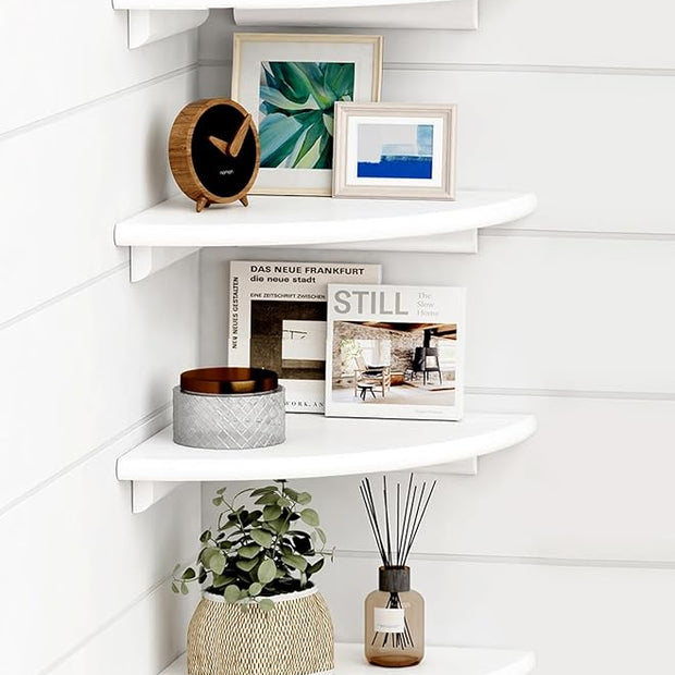 Forbena White Corner Floating Shelves for Wall Set of 4, Rounded Corner Shelves Wall Mounted for Kids Bedroom Books, Cute Wood Hanging Corner Shelf for Bathroom Decor, Living Room, Small Spaces
