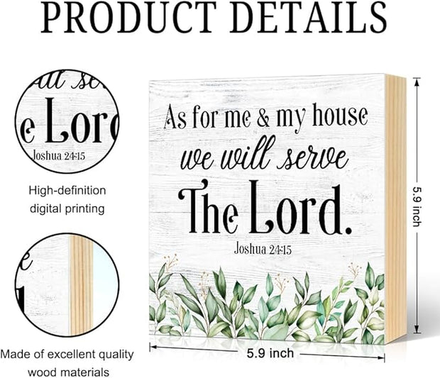 As for Me And My House We Will Serve The Lord Wood Block Plaque Box Sign for Home Living Room Coffee House Bar Shelf Table Decoration, Joshua 24:15 Christian Decor Gifts for Family Friend