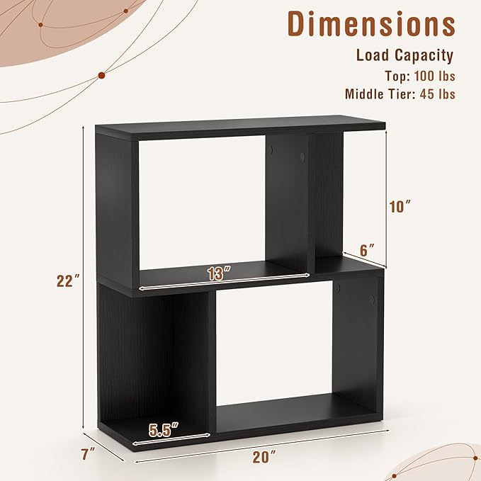 Tangkula 3 Tier Geometric Bookshelf, S Shaped Open Bookcase with Storage, Home Office Decor, Freestanding Wood Display Shelf for Living Room Study, Small Bookshelf for Small Spaces (1, Black)