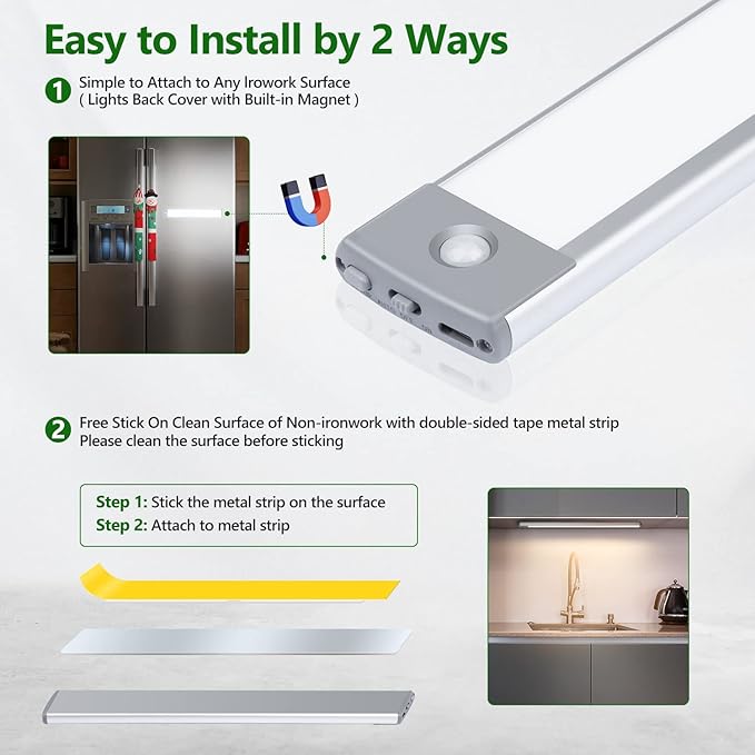 HIBOITEC Under Cabinet Lighting Motion Sensor Lights Indoor, 3 Color Temperatures Wireless Rechargeable Closet Light, Dimmable Under Counters Light for Kitchen, Wardrobe, Closets, Cupboard, 1Pack