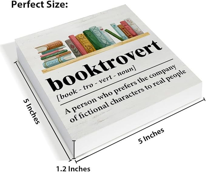 Book Lover Decor Rustic Booktrovert Definition Wooden Sign Decorations Home Book Room Library Desk Table Shelf 5×5 Inches, Gifts for Book Lovers Readers