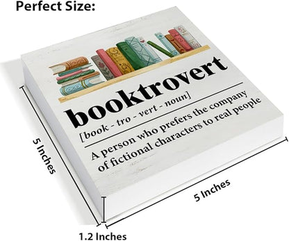 Book Lover Decor Rustic Booktrovert Definition Wooden Sign Decorations Home Book Room Library Desk Table Shelf 5×5 Inches, Gifts for Book Lovers Readers