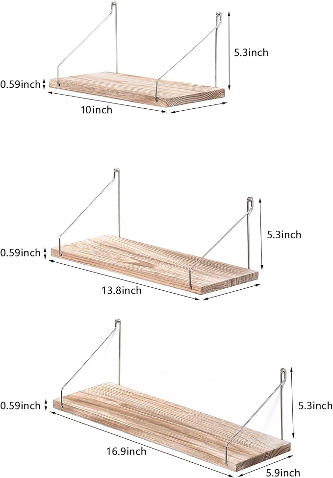 MITIME Floating Shelves Set of 3 Rustic Solid Wood Floating Shelf Wall Storage Shelves for Living Room, Bedroom, Bathroom, Kitchen Laundry, Office,no Drill Shelf (Light Color L+M+S)