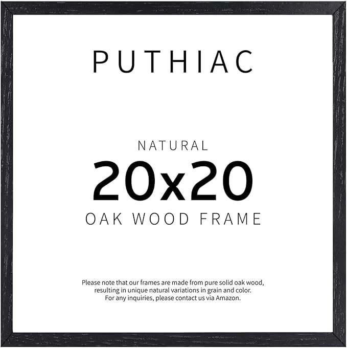 puthiac 20x20 Solid Oak Wood Picture Frame, Fits 16x16 with Mat or 20x20 Without Mat, Wall Display Only, Plexi Front, 1 Pack, Black
