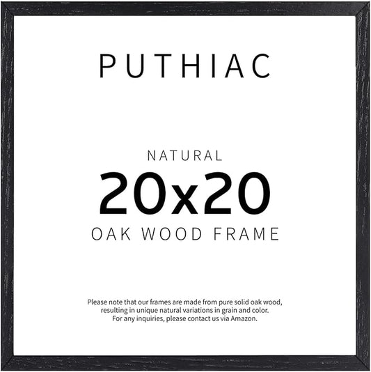 puthiac 20x20 Solid Oak Wood Picture Frame, Fits 16x16 with Mat or 20x20 Without Mat, Wall Display Only, Plexi Front, 1 Pack, Black