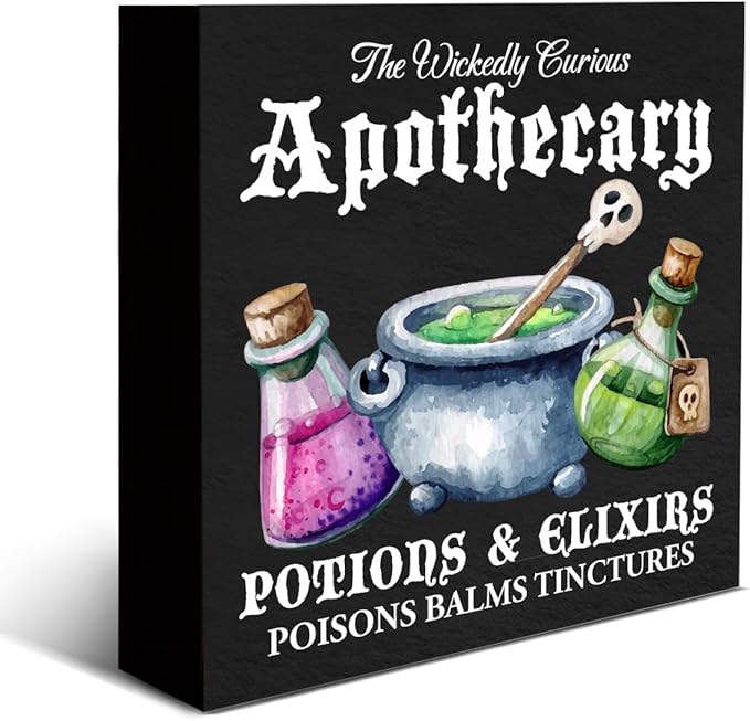 Halloween Sign Halloween Apothecary Potions Wooden Sign Gothic Witchy Decorations for Home Kitchen Shelf 5 X 5 Inches