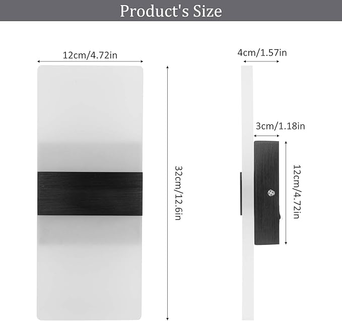 Lightess Modern Wall Sconce Dimmable Sconce Wall Lighting 12W Black Indoor Wall Lamp Acrylic Wall Mounted Lighting Fixture for Bedroom Living Room Hallway, Warm White