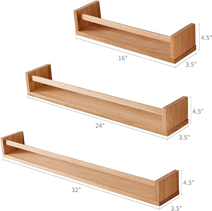 Oak Nursery Shelves, Natural Wood Nursery Floating Shelves for Wall Mounted, Wall Bookshelf for Bedroom Living Room Kitchen Spice Rack,16 Inch
