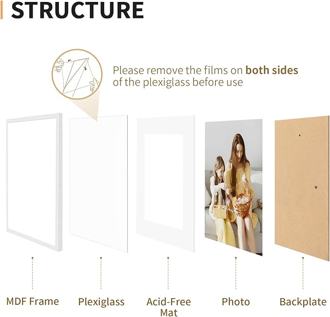 12x16 Picture Frame Set of 4, Displays 8x10 with Mat or 12x16 Without Mat, Photo Frames for Wall Hanging or Tabletop, Includes HD Plexiglass, White