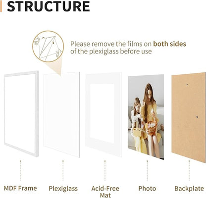 12x16 Picture Frame Set of 4, Displays 8x10 with Mat or 12x16 Without Mat, Photo Frames for Wall Hanging or Tabletop, Includes HD Plexiglass, White