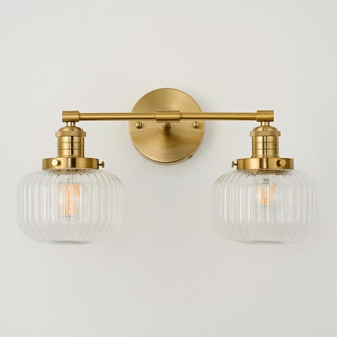 2-Lights Gold Bathroom Vanity Light, Industrial Hardwired Double Sconce Over Mirror with Clear Ribbed Globe Glass Shades, E26 Base Light Fixture for Bathroom Bedroom Hallway Farmhouse Decor