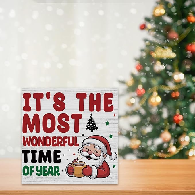 Christmas Coffee Bar Station Sign Decor Christmas Decorations Desk Accessories Indoor for Home Kitchen Office Coffee Bar Santa It's The Most Wonderful Time of Year Signs 5 X 5 Inch