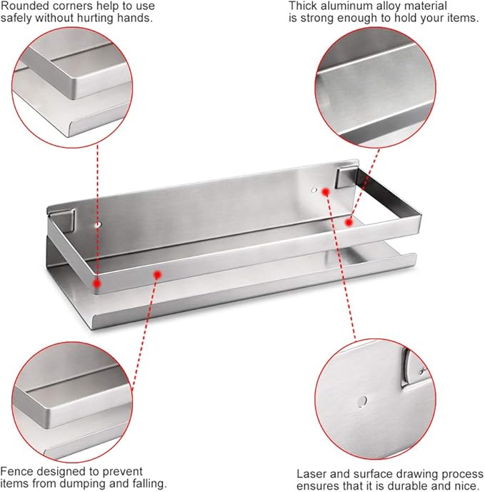OwnMy Bathroom Shower Shelf Stainless Steel Bath Kitchen Basket Shower Caddy Rack, Rustproof Metal Bathroom Storage Floating Shelves Wall Mounted Shower Corner Rectangular Shelf - 12 Inch Silver