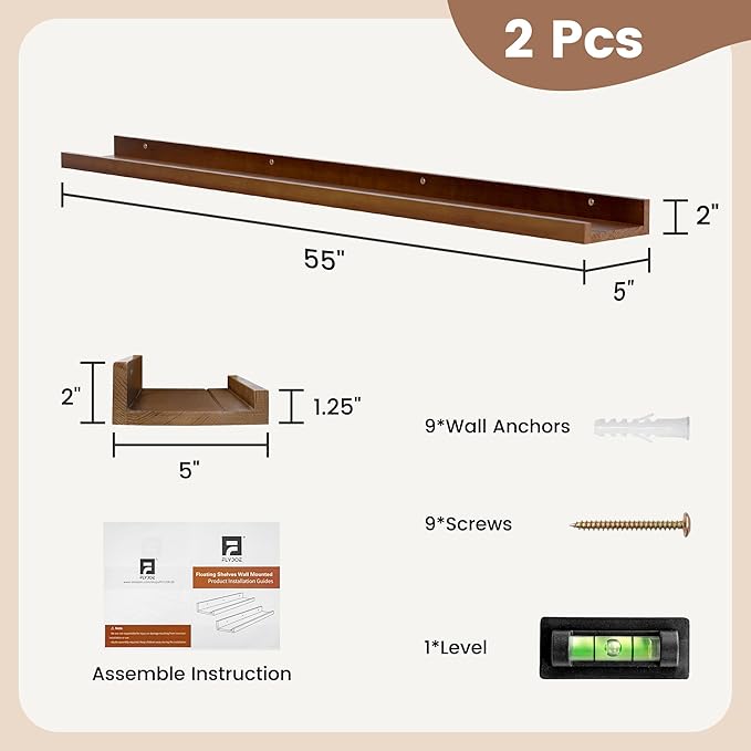 Picture Ledge Shelf, Floating Shelves Set of 2, Solid Ash Wood 56'' Long Large Nursery Book Shelves for Toys Storage, Kids Bookshelf for Living Room Bedroom Decor Books Photo Frames, Walnut