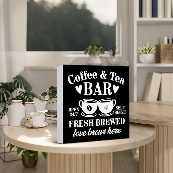 Coffee Bar Decor - Tea Station - Coffee and Tea Bar Wood Sign Home Kitchen Desk Shelf Table Tabletop Decor 5×5 Inches