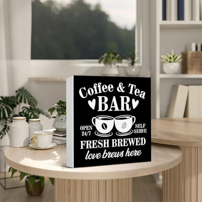 Coffee Bar Decor - Tea Station - Coffee and Tea Bar Wood Sign Home Kitchen Desk Shelf Table Tabletop Decor 5×5 Inches