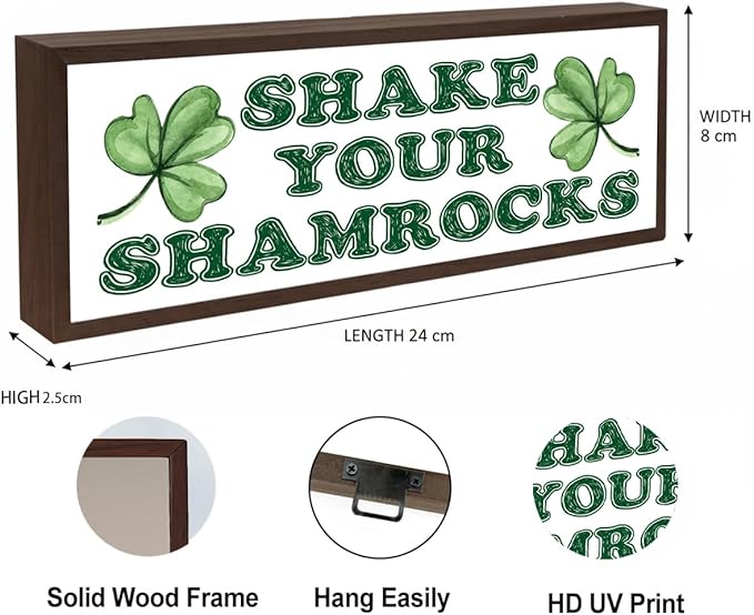 Shamrocks Decor, Shake Your Shamrocks Sign, Farmhouse Wooden Box Sign, Desk Decor Art, St Patricks Day Decoration for Home Office Coffee Bar, Irish Gift for Women Men, 9.5x3.1x1 inches
